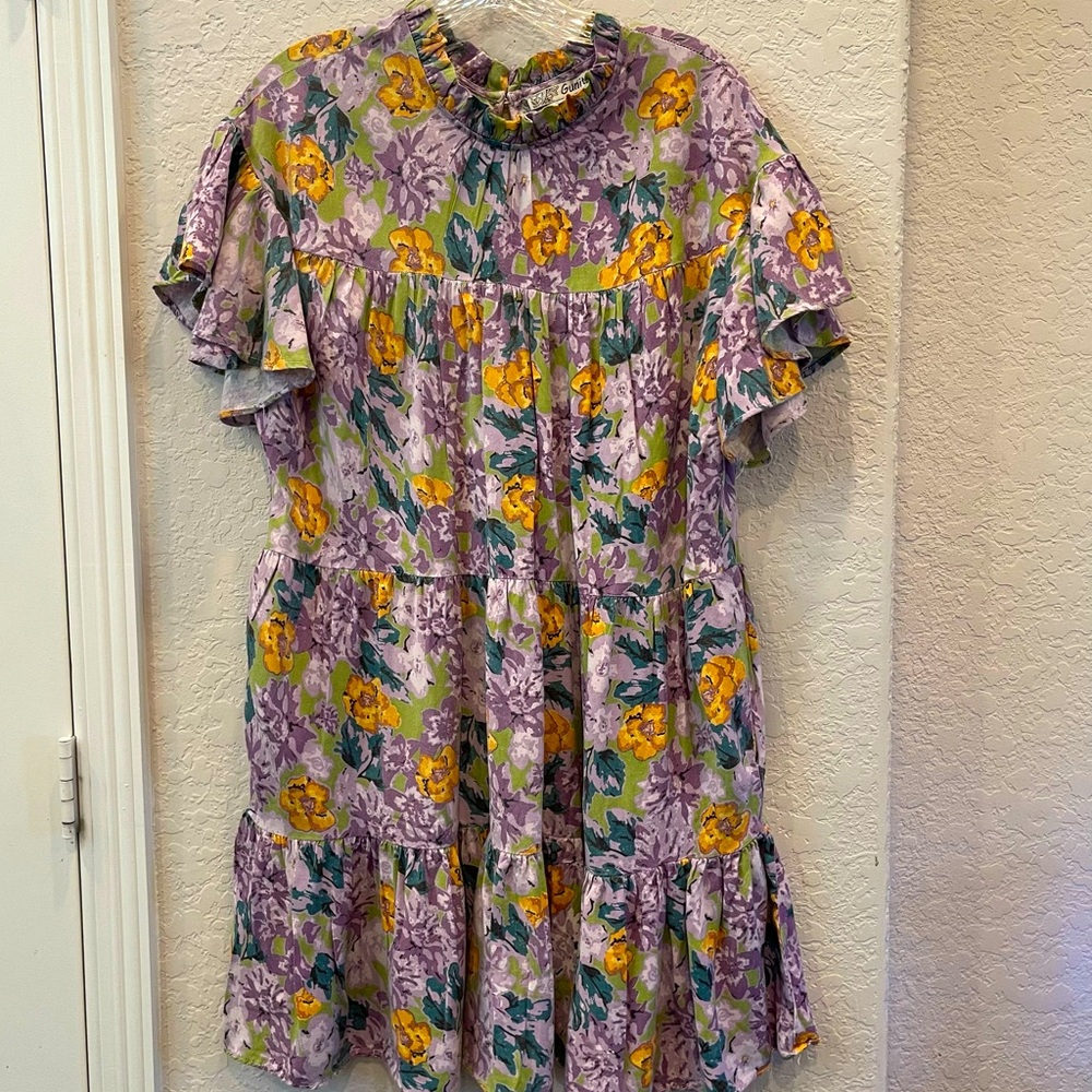 Gunit Floral Babydoll Tiered Dress Women’s Large Puff Sleeve Cottagecore Boho